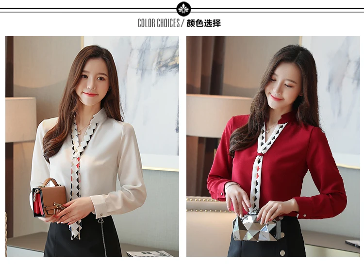 Dingaozlz blusa feminina Elegant Chiffon shirt Long sleeve Ladies blouse Red White Office lady shirt Patchwork Women Tops