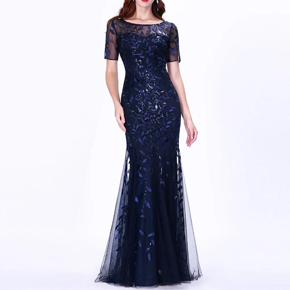 Dressv белое с глубоким круглым декольте Элегантные с коротким рукавом вечернее платье Русалка Блестки Пол Длина прополка праздничный официальный Вечерний платья