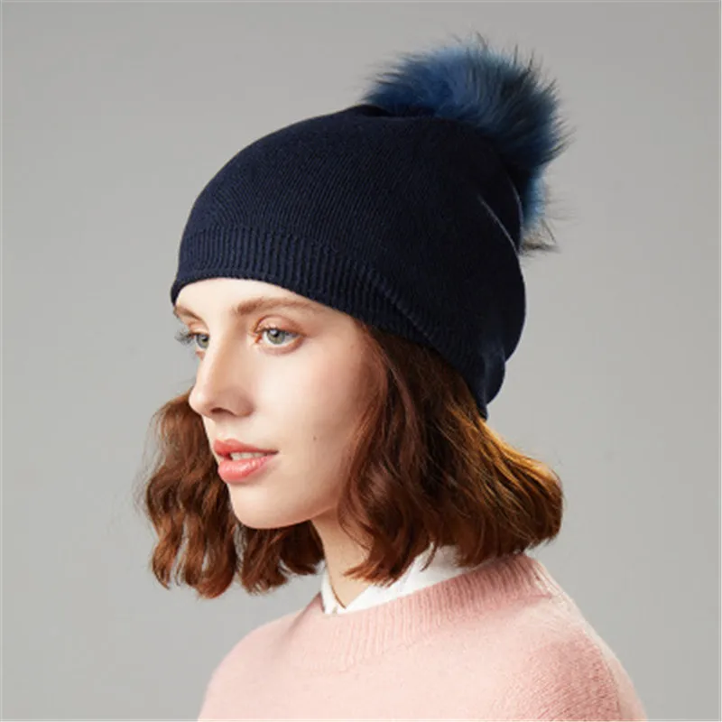 ARiby Women Wool Beret Hat Winter Autumn Pompom Beanies Hat Women Knitted Cashmere Casual Women's Cap Real Warm Fur Pompom Hats - Цвет: navy
