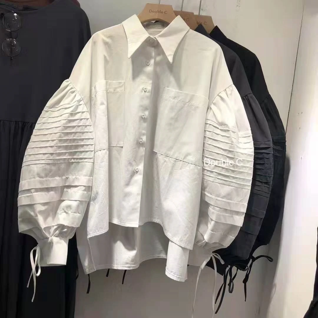

Women's Shirts New Solid Color Single-Breasted Loose Shirt Pleated Lantern Sleeve Blouse Spring Solid Color Blusas Ladies Tops