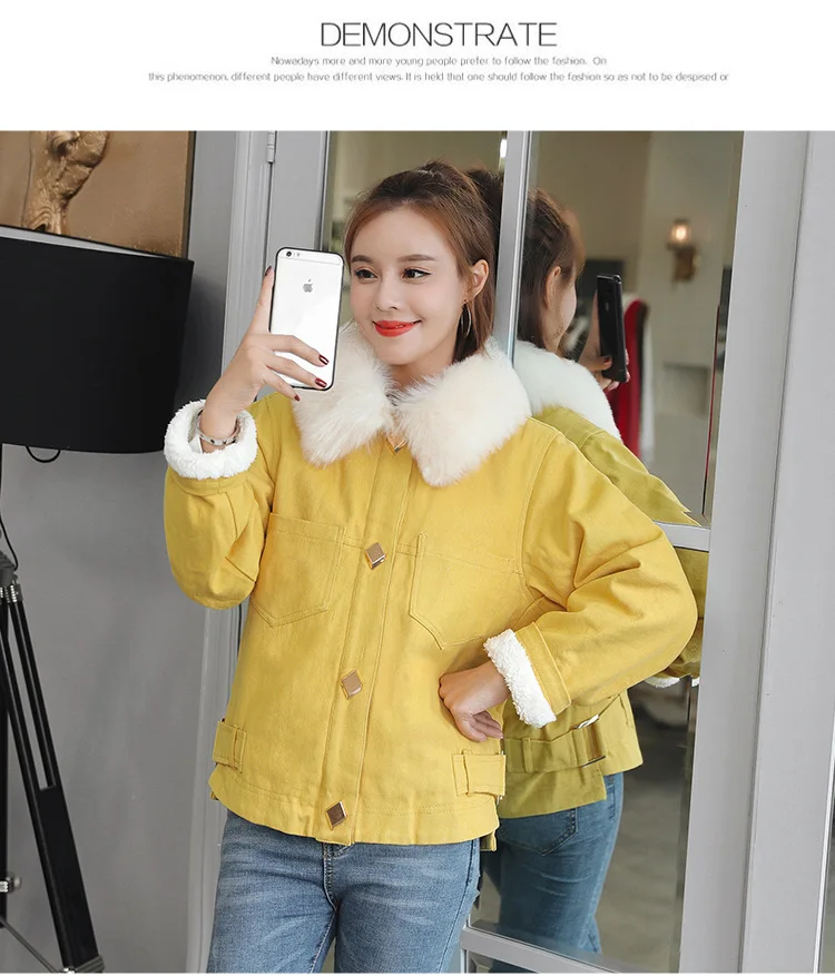 Y9398 Jeans Coat Women's Short Korean-style Brushed And Thick Lambs Wool Large Size Cotton-padded Clothes