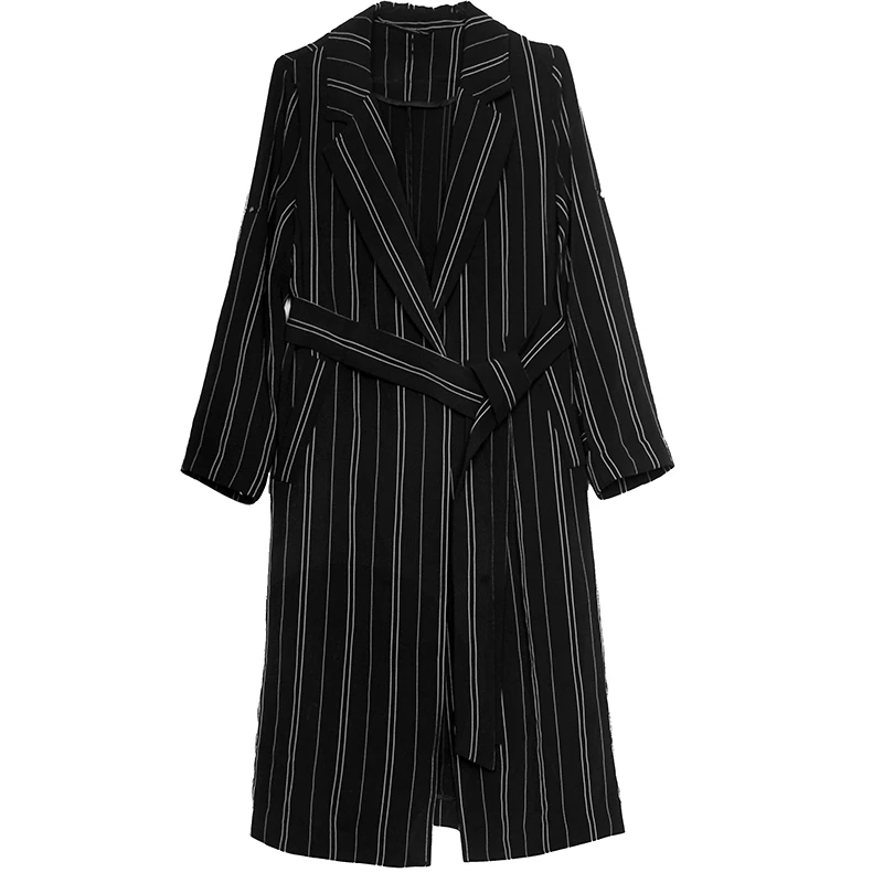 XITAO, европейский стиль, длинное женское пальто в черную и белую полоску, ветровка, костюм с воротником, Бандажное осеннее пальто для женщин GCC2950 - Цвет: black GCC2950