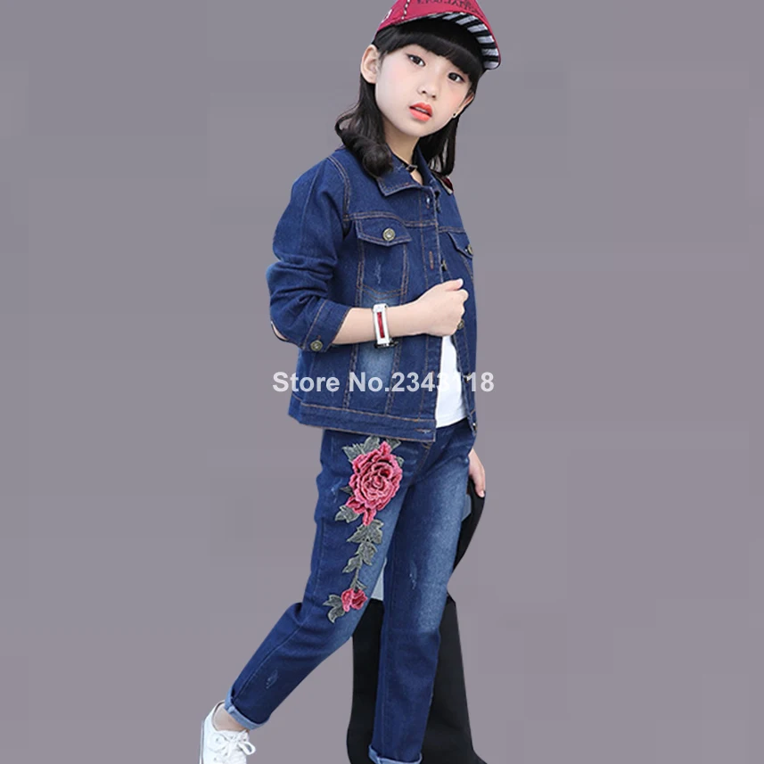 

Autumn Rose Denim Children's Clothing Jacket+jeans Fashion Girls Clothing Teenage Winter Costumes For Girls 6 8 12 Years