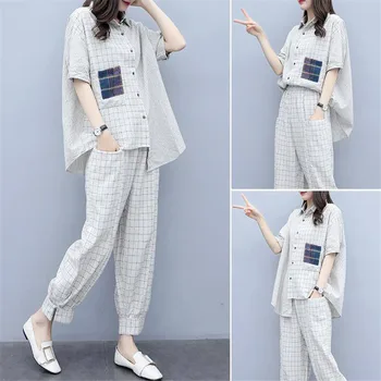 

Two Piece Sets Outfits Women Plus Size Plaid Blouses And Pants Suits Korean Elegant Casual 2 Piece Sets 2020