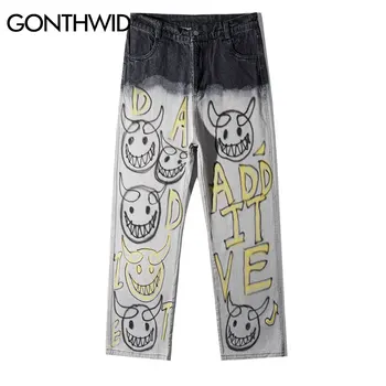 

GONTHWID Hip Hop Graffiti Smile Devil Print Denim Jeans Pants Streetwear Hipster Casual Loose Punk Rock Trousers Fashion Pants