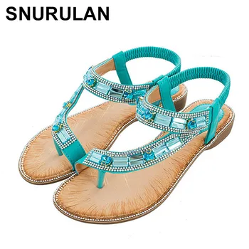 

SNURULAN Women flat sandals clear shoes bohemia summer Vintage rhinestone woman thongs beach sandalen girl zapatos de mujer big