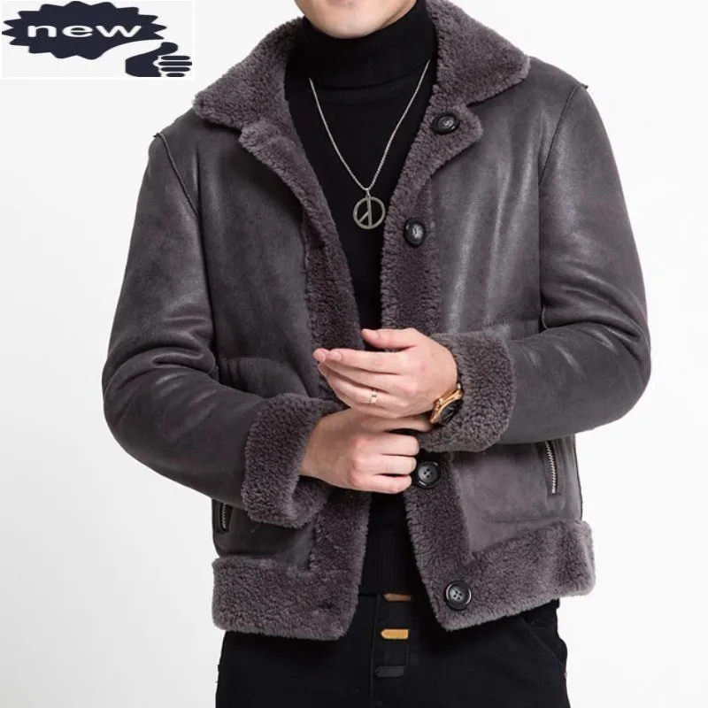 

Top Brand Men Motor Biker Sheep Real Jacket Suede Leather Shearling Coat Fur Lining Windproof Reversible Coats Plus Size 5XL