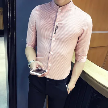 

2020 Summer Half Sleeve Striped Shirts Men Fashion Letter Embroidery Slim Fit Men Casual Shirt Simple Streetwear Blouse Men 5XL