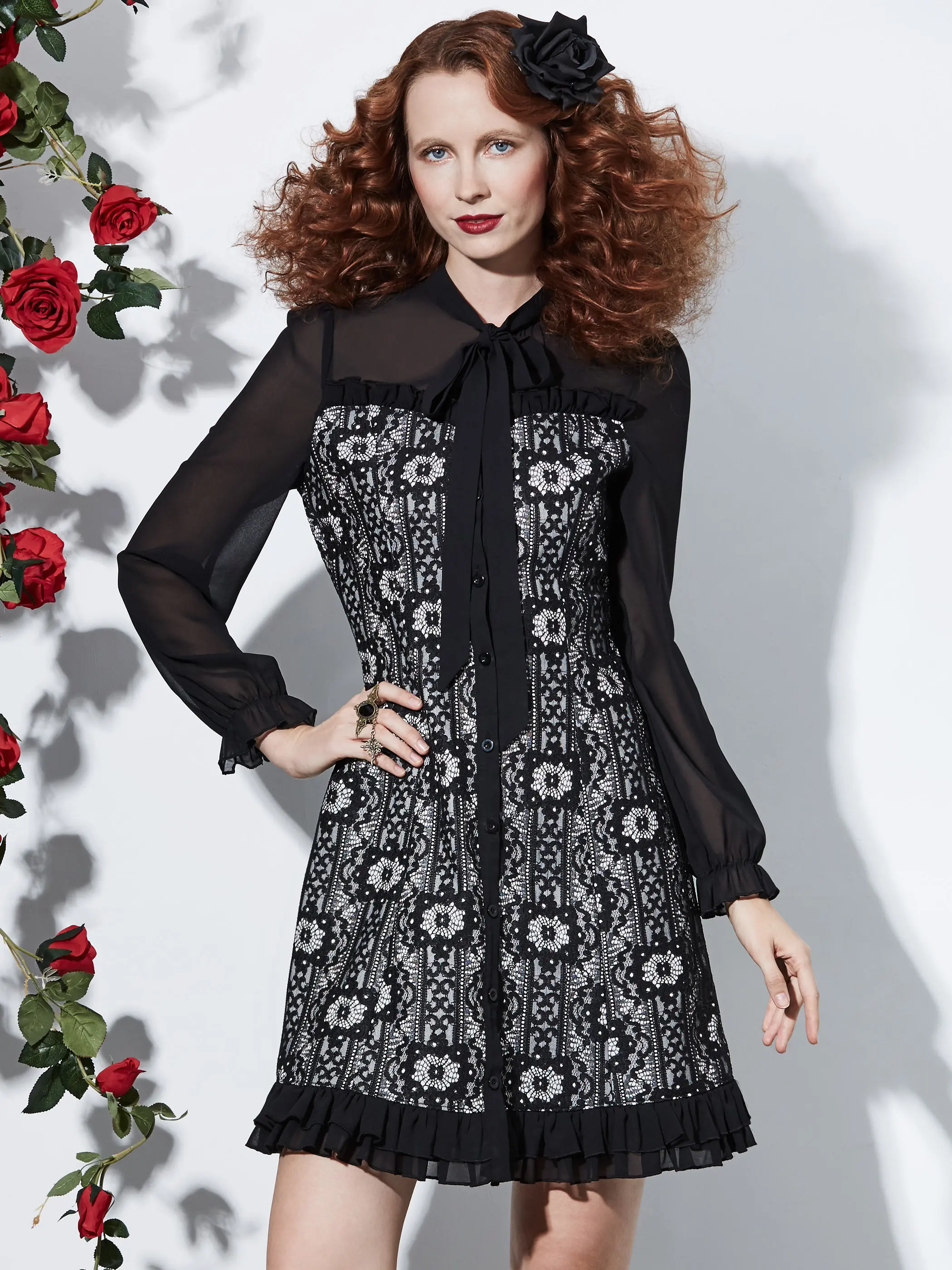 

Women Dresses Elegant Black Gothic Patchwork Bow Collar Solid Button Mesh Female Office Lady Lace Chiffon Dresses
