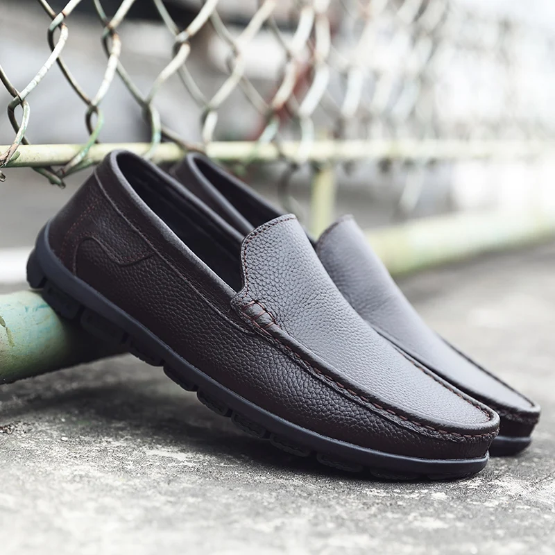 

2020 Genuine Leather Men Casual Shoes Luxury Mens Loafers Moccasins Breathable Slip on Driving Shoes Big Size 47 48 Black Brown