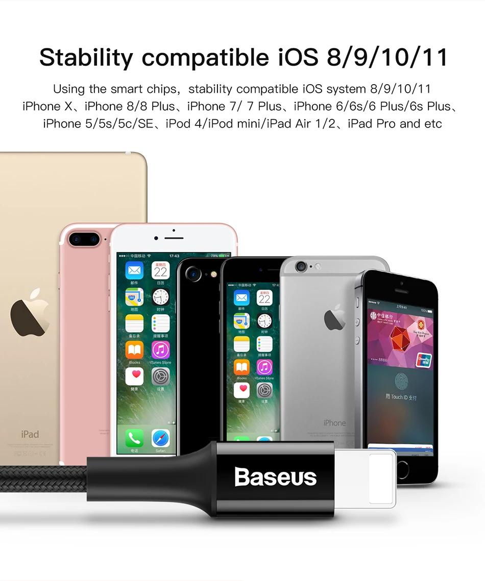 Светодиодный usb-кабель для зарядки Baseus для iPhone 11 XR Xs Max, зарядный провод для телефона, шнур для быстрой зарядки, кабель для передачи данных