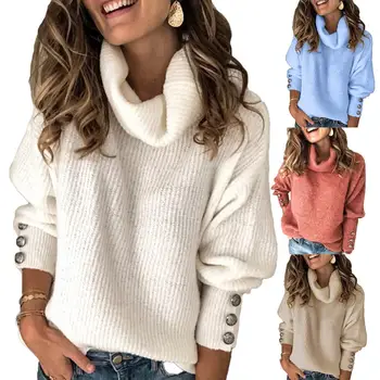 

Women Autumn Winter Solid Color Turtle Neck Buttons Cuff Warm Pullover Sweater clothing