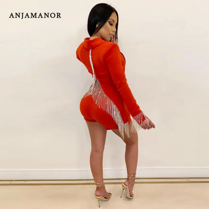 ANJAMANOR мода осень размера плюс 2 шт женские костюмы с открытой спиной кисточкой блейзер и шорты сексуальный клубный комплект из двух частей D43-AG24