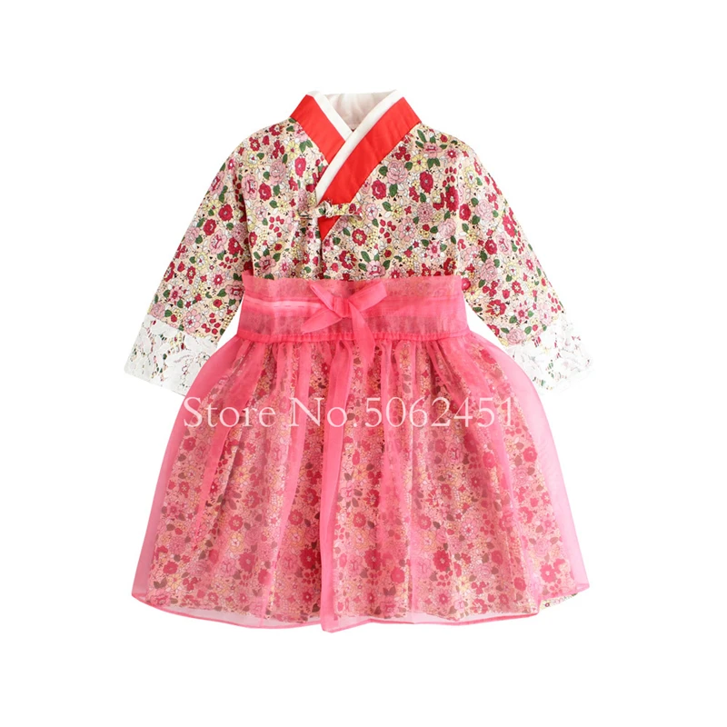 Традиционный корейский Костюм-ханбок для маленьких девочек, нарядное свадебное платье детская одежда с длинными рукавами и цветочным принтом в азиатском стиле милые детские платья - Цвет: 4
