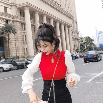 

Fashion Stitching Femme Knitted Top Sweaters Women Loose V Neck Sweater Long Sleeve Pullover