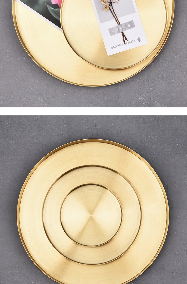 Металлический лоток для хранения обеденных тарелок из нержавеющей стали, домашний круглый поднос для чая, тарелка для творчества в скандинавском стиле, латунный поднос для украшения мусора