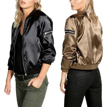 

Autumn Fashion Women Lady Thin Jackets Fashion Solid Color Basic Bomber Jacket Long Sleeve Coat Casual Stand Collar