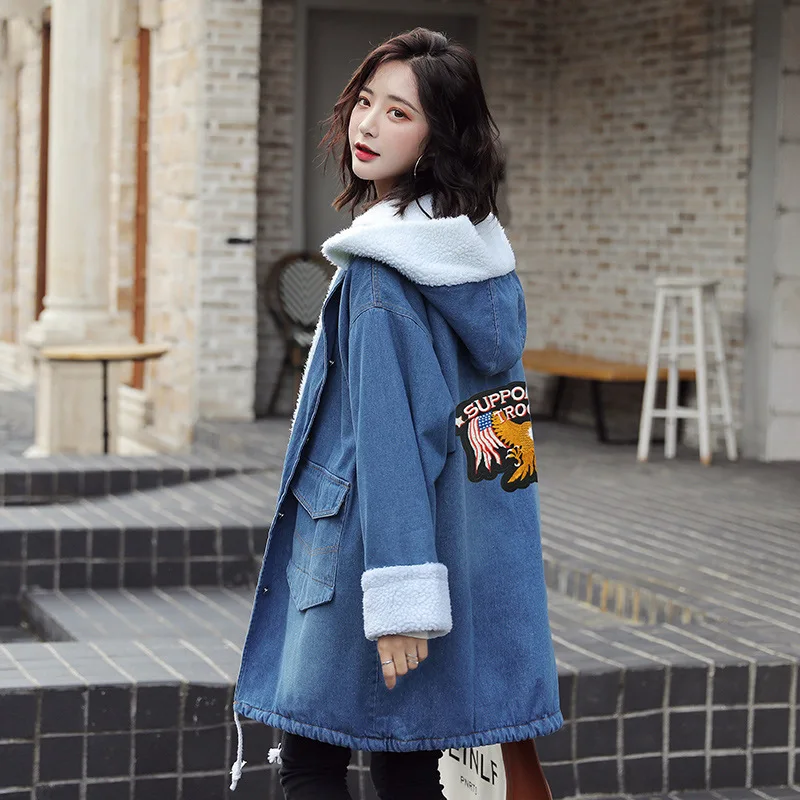 

Mid-length Thick Jeans Coat 2019 Winter New Style Students Embroidered Lambs Wool Loose-Fit Hooded Fleece-Lined Coat