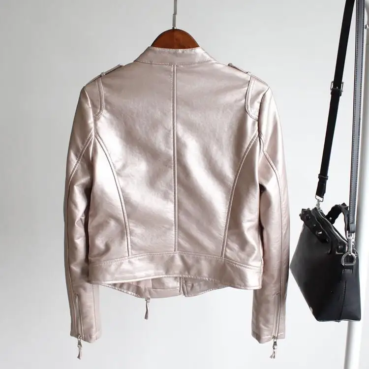Fall Soft Outerwear Pu Leather Jacket Women Silver Motorcycle Coat Short Faux Leather Biker Jacket