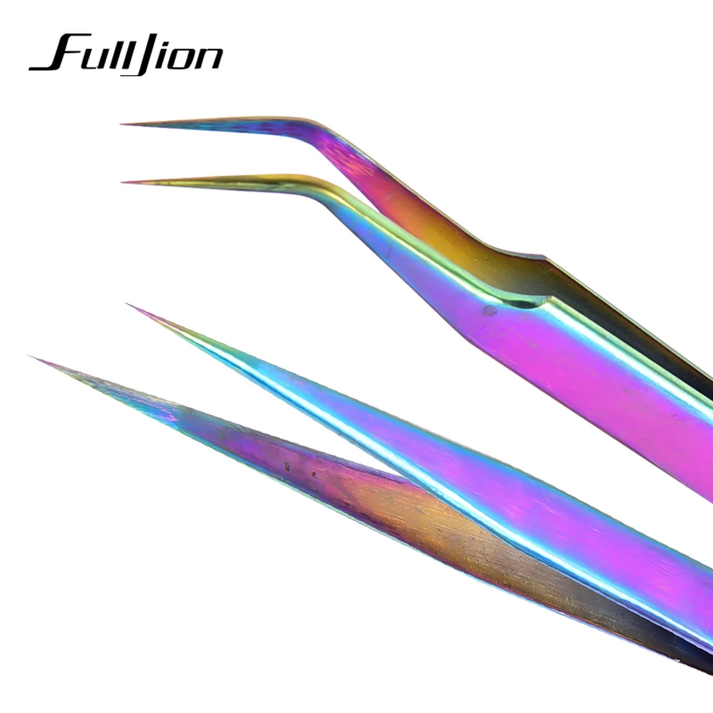 Fulljion изогнутые прямые пинцеты для бровей из нержавеющей стали c радужным промышленным прецизионным стразами инструменты для наращивания ресниц