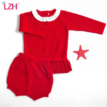 

LZH Newborn Baby Clothes Autumn Winter Baby Girls Clothes Sweater+Shorts 2pcs Outfit Suit Red Christmas Costume Infant Clothing