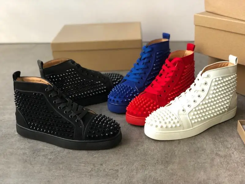 

2019 Designer High Top Silver Spikes Men Shoes Red Bottom Sneakers Pik Pik Spiked Chaussures De Designer Leather Flat Trainers