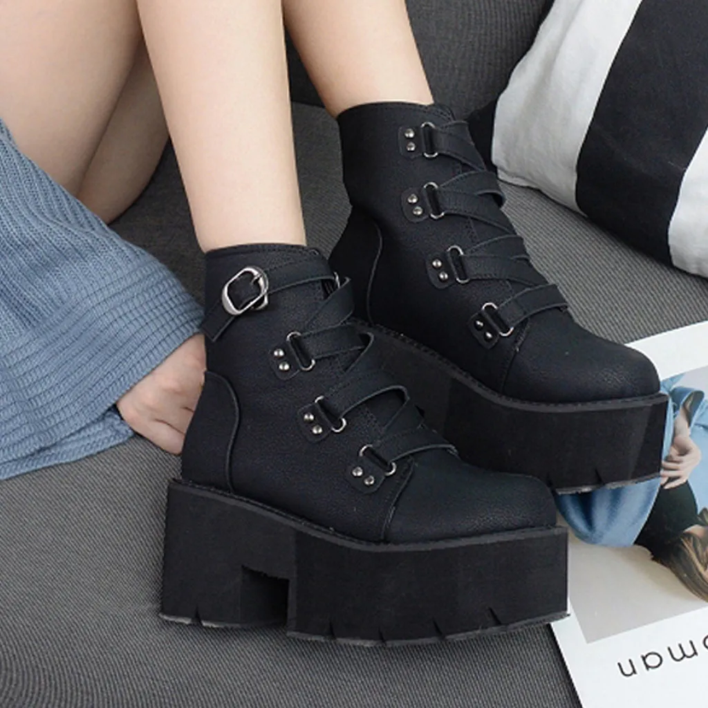 Ботильоны, увеличивающие рост женские короткие ботинки зимние ботинки martin на высокой платформе повседневная обувь на высоком каблуке в стиле панк для девочек с пряжкой и ремешком