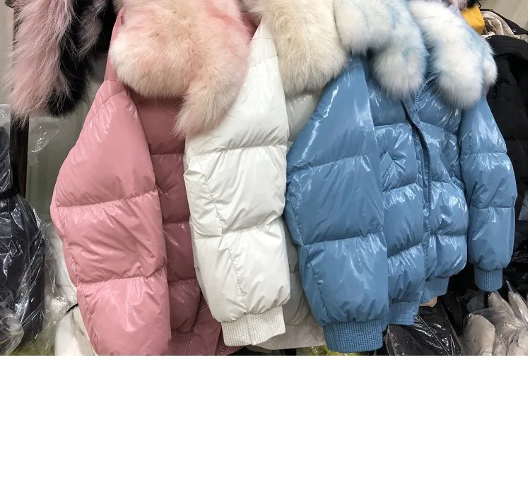 Пуховик женский, яркий, короткий,, корейский стиль, свободный, белый, утиный пух, большой размер, Лисий мех, воротник, пальто