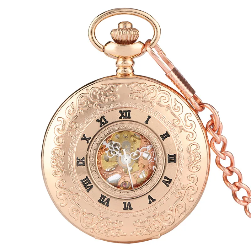 Vintage Hollow Roman Numbers Skeleton Mechanical Hand-Wind Pocket Watch with Pendant Chain Men Women Gift Rose Gold Clock Reloj