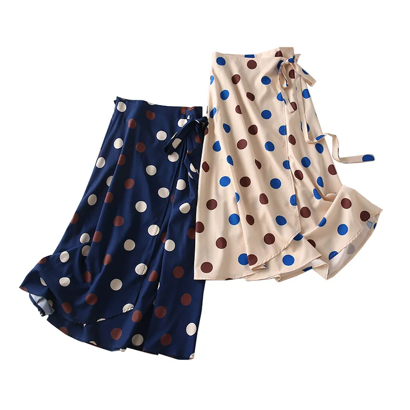 

A Generation Dotted Print Lace-up Waist Hugging Solid A- line Skirt Women's Entity
