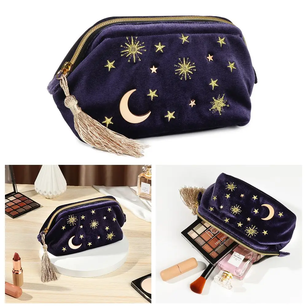 

Gift Jewelry bag Organizing Brush Pouch Travel Make Up Bag Portable Star Moon Pattern Embroidered Velvet Cosmetic Bag