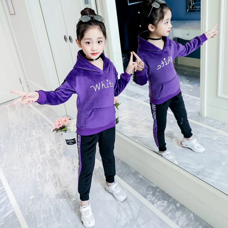 

Girl'S Suit Middle And Large Children Young STUDENT'S Gold Velvet Hooded Tops Lengthen Pants Mixed Colors Sports Two-Piece Set