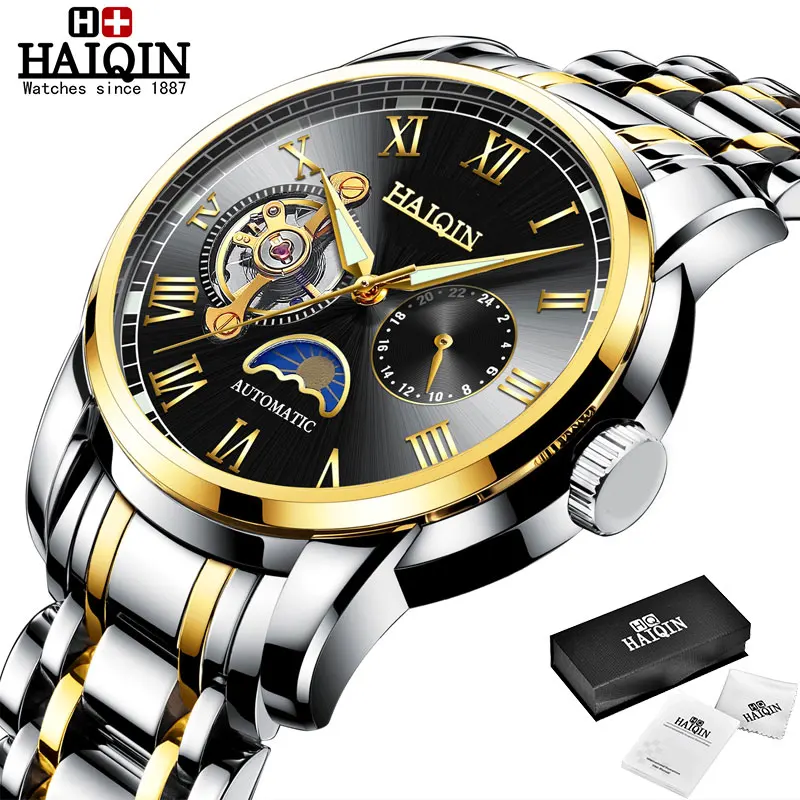 Gold-black HAIQIN повседневные мужские механические часы, военные спортивные наручные часы, Топ бренд, роскошные часы, мужские часы с турбийоном, erkek kol saati - Цвет: Gold-black
