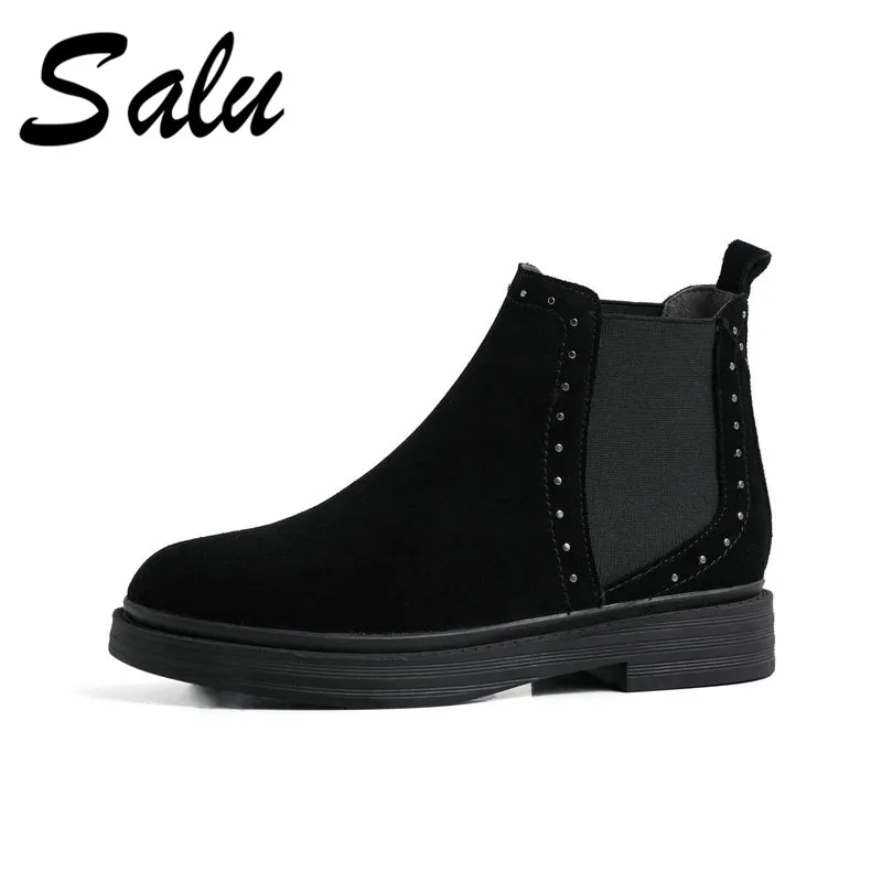 

Salu Fashion Elegant Round Toe Square Heels Slip on Women Ankle Boots Solid Flock Genuine Leather Chelsea Boots Party Shoes