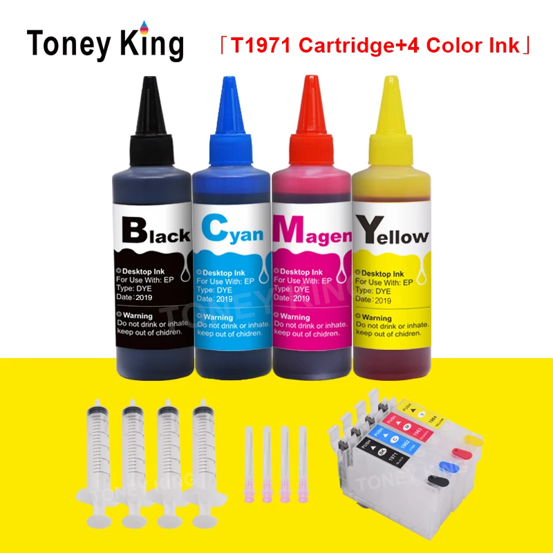 Toney Re T1971 Cartuccia Di Inchiostro Riutilizzabile Per Epson Expression Xp-101 201 211 401 204 104 Stampante + 4 Di Colore 100Ml Bottiglia Di Inchi