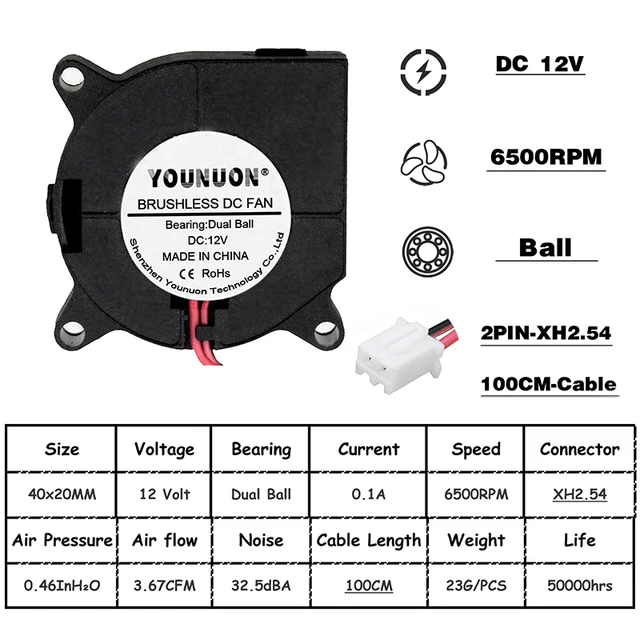 2 Pieces 40mm Blower Fan 4020 40x40x20mm Cooling Fan 3D Printer Cooling Cooler Fan 5V 12V 24V DC Brushless Turbo Blower Fan 12V Ball 1M XH2.54