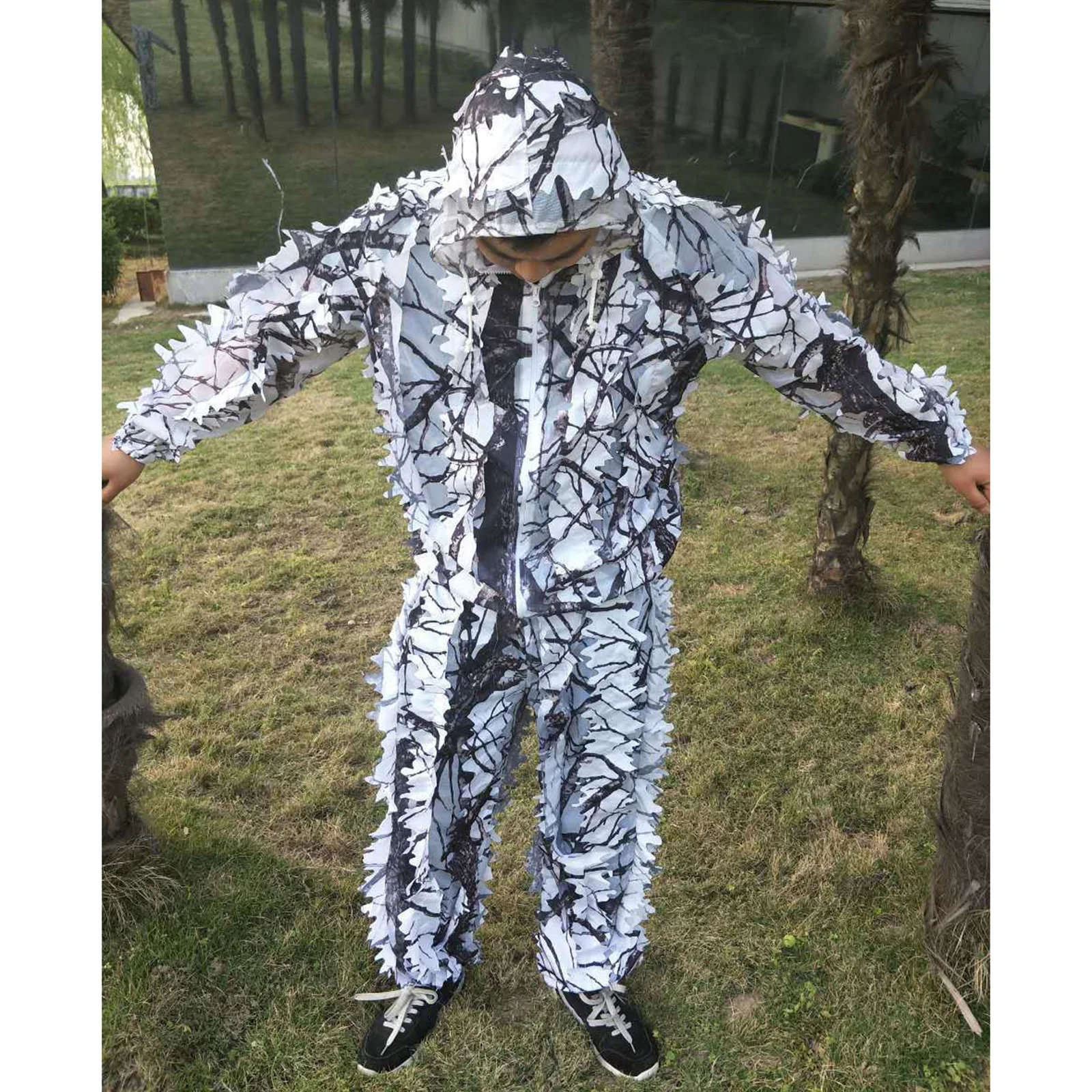 Adult 3D Leafy Hunting Camouflage Clothes Ghillie Suit Jacket Hooded Pants Jungle Hunting Shooting Halloween Snow 
