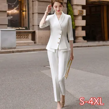 

High Quality Casual Women's Suit Pants Two Piece Set 2020 new summer elegant ladies white blazer jacket business attire