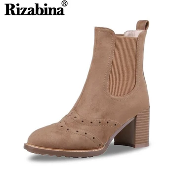 

RIZABINA Winter Warm Real Leather Women Ankle Boots Square Heel Women Shoes Round Toe Solid Color Outdoor Footwear Size 34-40