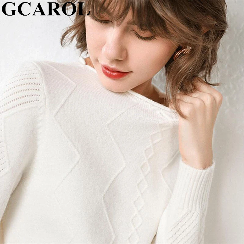 Белый GCAROL New Women O Neck Curled Rhombic Sweater Fall Winter 30% Wool Cashmere Thick Jumper Stretch Warm OL Knitted Pullover S-3XL - Цвет: Белый