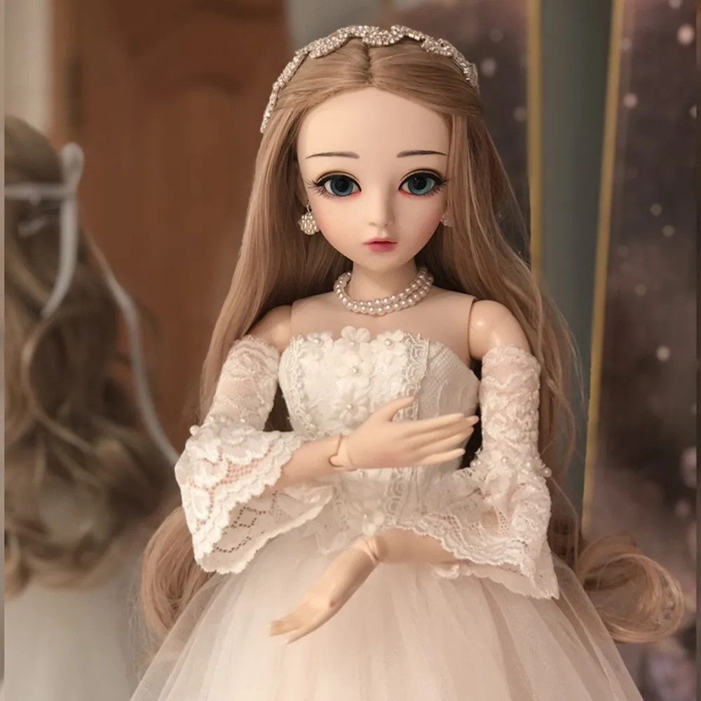 

Bride Doll BJD 1/3 Girl Dolls Princess White Wedding Dress Long Curly Hair Handmade Beauty Toys 60cm Silicone Joint Reborn Doll