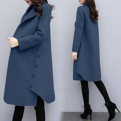 dark blue New Winter Women A-line Woollen Coat Large Size Medium Length Woolen Coat Female Wool Blend Cardigan Trench Coat CA3347 - Цвет: dark blue
