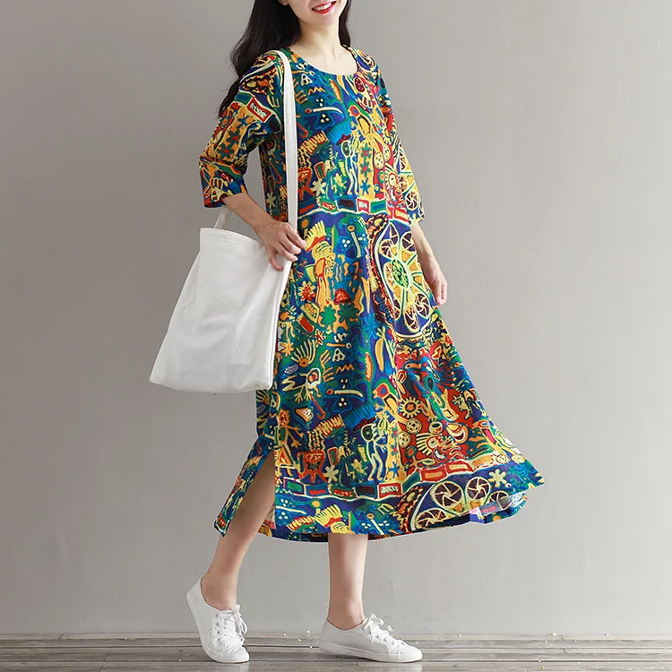 Sukienki женское длинное платье Sukienki, круглый вырез, с принтом, Vestidos De Festa, половина рукава, хлопок, лен, платье Mori girl, платье AF955