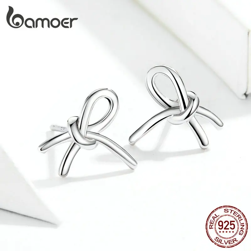 Bamoer серьги-гвоздики с бантом, минималистичный простой дизайн, элегантные серьги-гвоздики из натуральной 925 пробы, серебряные модные ювелирные изделия SCE733