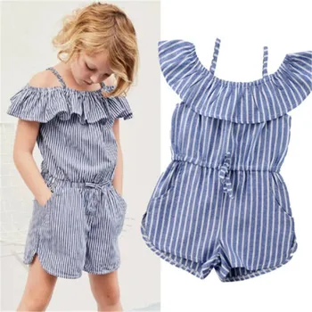 

Pudcoco Baby Girls Rompers Toddler Striped Off Shoulder Overall Pocket Ruffled Children Summer One Pieces Outfit 1-6Y
