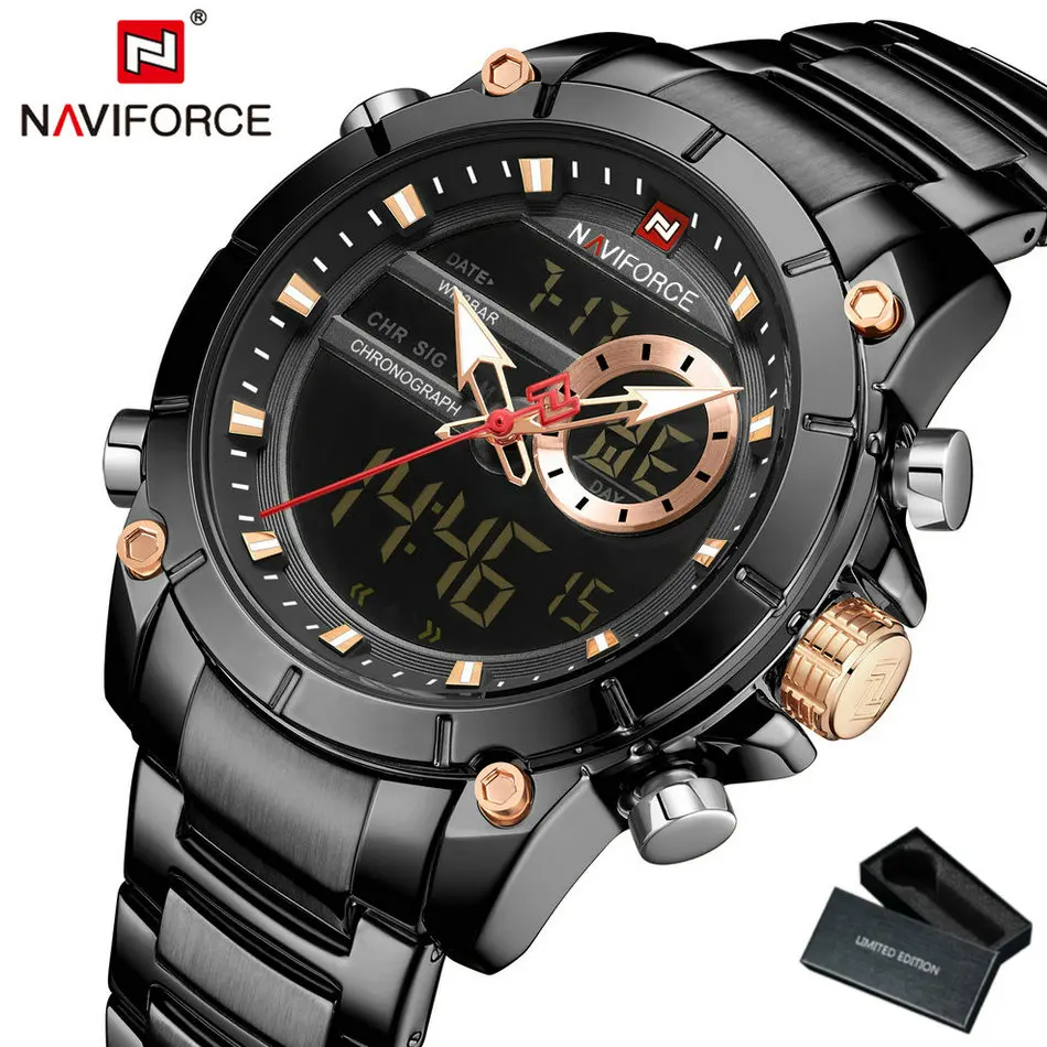 NAVIFORCE новые военные мужские кварцевые часы Топ люксовый бренд Dual Time светодиодный