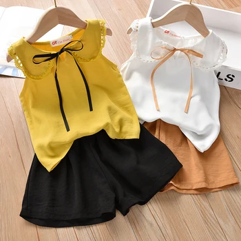 

Girls Sets New Summer Bow Children Sleeveless T-shirt+Solid Shorts Korean 2PCS Kids Suit Fashion 3-8T Children Clothes