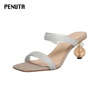 

2020 PENUTA PVC Slippers Strange Heel Mules Square Toe European Designer Fashion Slides Ladies Slip On Sandals Plus Size T0050