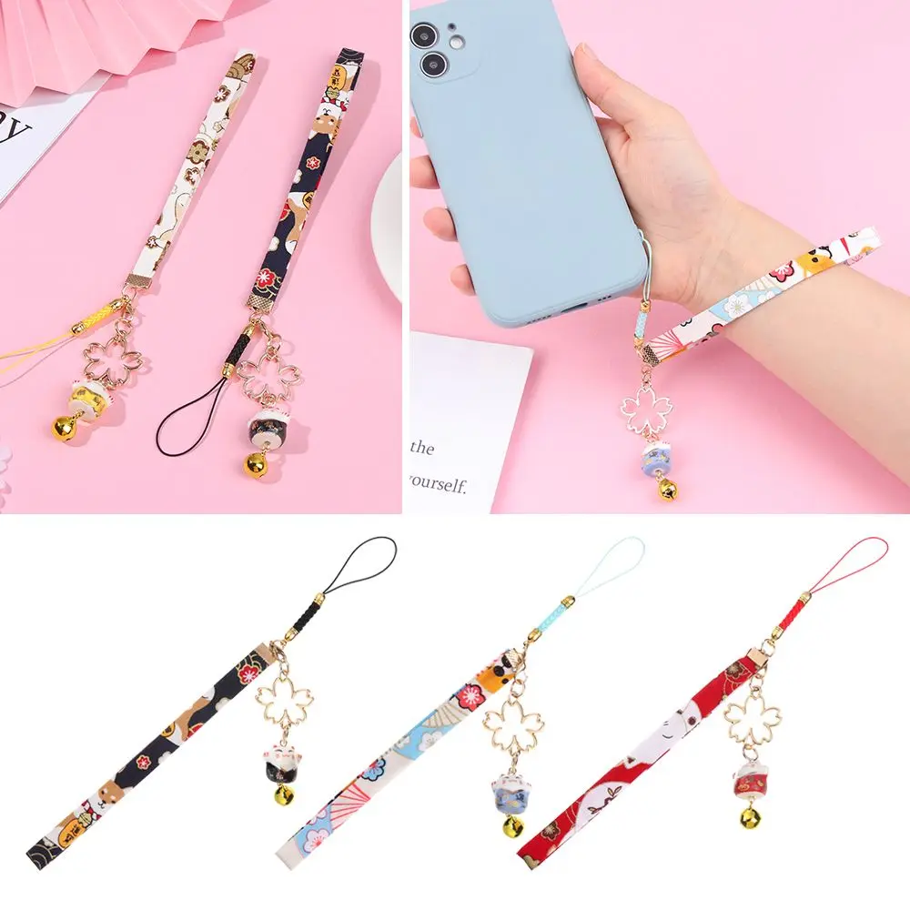Japanese Style Lucky Cat Bell Sakura Phone Lanyard Cute