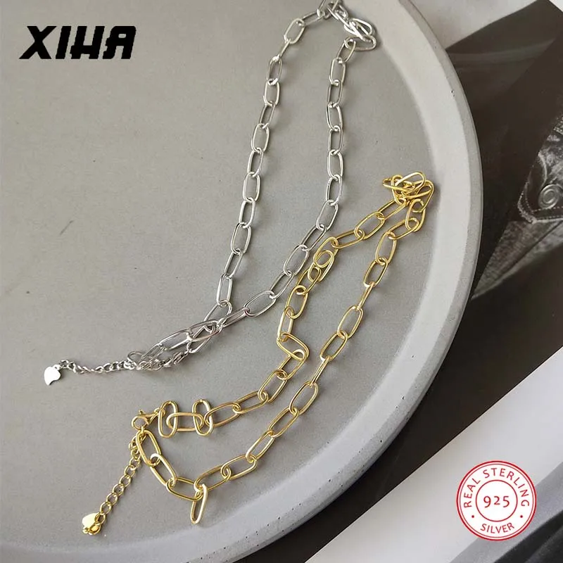 

925 Sterling Silver Women Large Chain Link Necklaces Fashion Jewelry Wedding Dainty Hard Simple Wild Elegant Choker Necklace